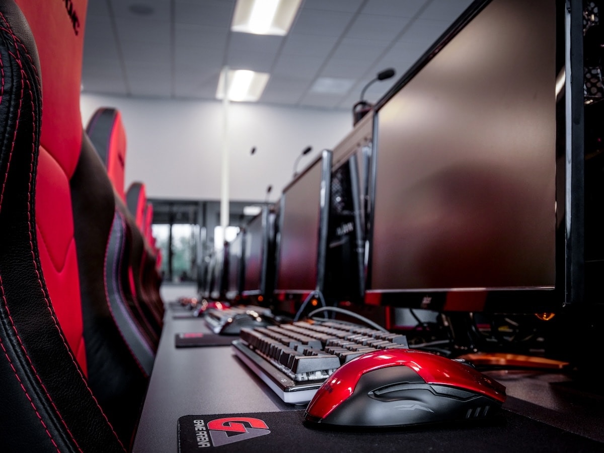 A row of gaming computers in a commercial construction project.