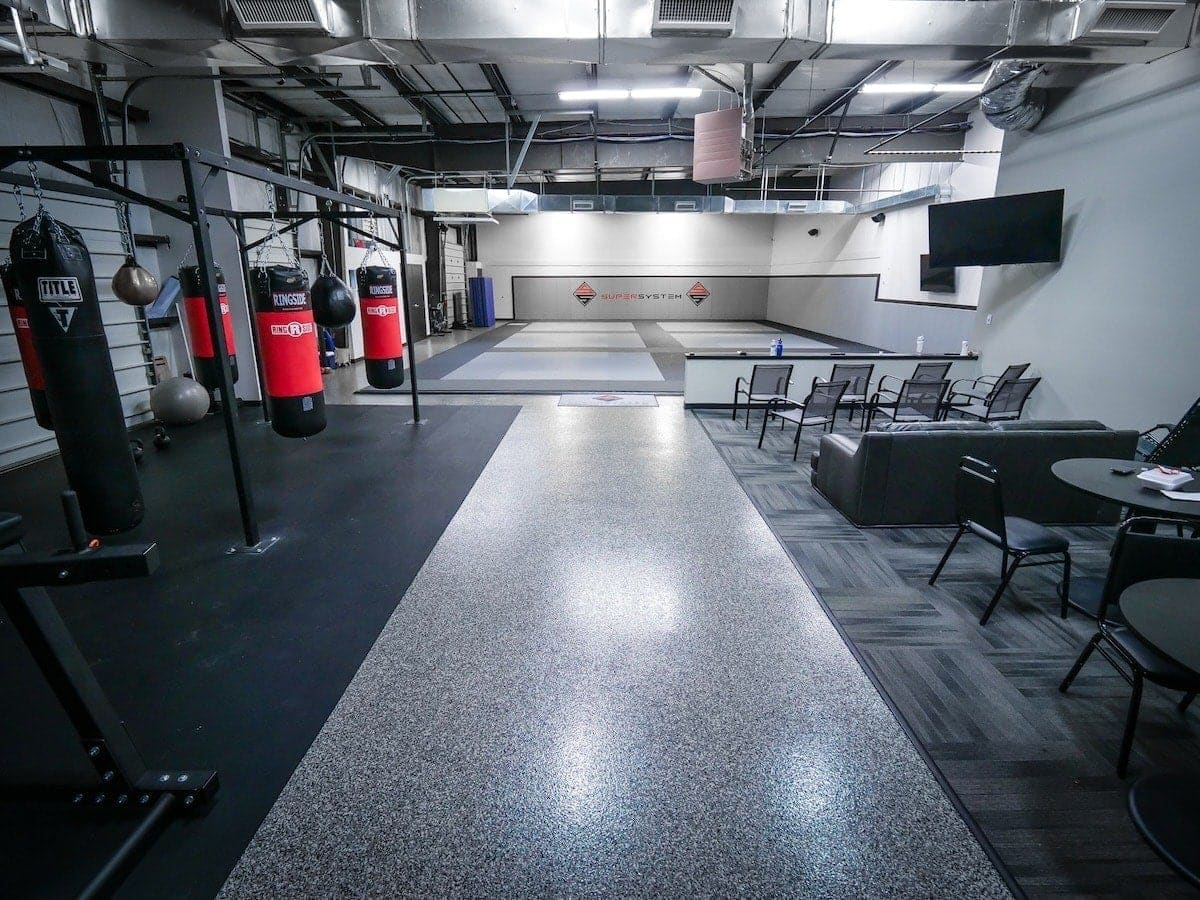 Training equipment in a jiu-jitsu gym.